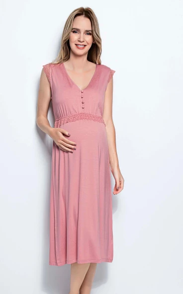 Dantelli Önü Düğmeli Hamile Lohusa Gecelik - Resim 2