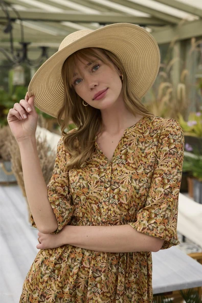 Çiçek ve Yaprak Desenli Kuşaklı Elbise - Resim 9