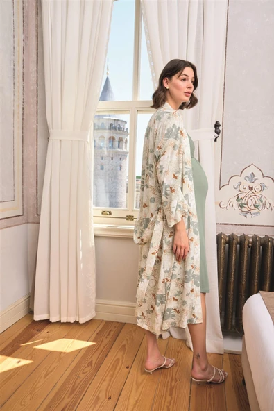 Çiçek ve Yaprak Desenli Dantelli Hamile Lohusa Sabahlık Takımı - 7