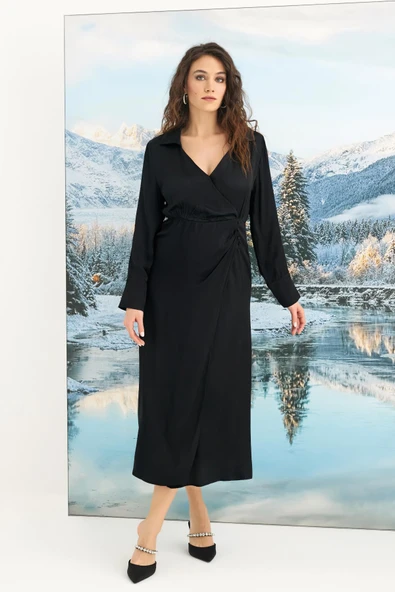 Uzun Kollu Saten Elbise - Resim 2