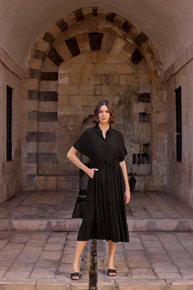 Gömlek Yakalı Kısa Kollu Elbise - 2