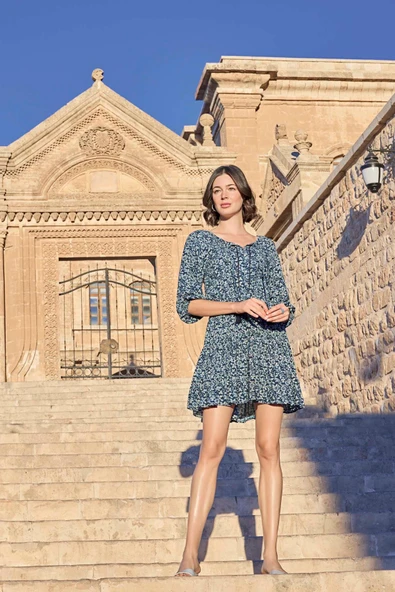 Çiçek Desenli Truvakar Kollu Elbise - Resim 2