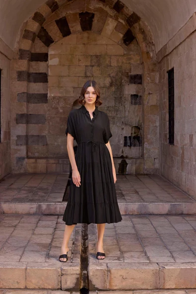 Gömlek Yakalı Kısa Kollu Elbise - 4