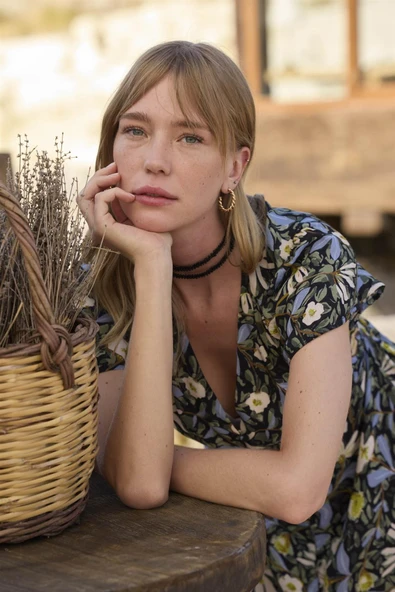 Çiçek ve Yaprak Desenli Önü Düğmeli Elbise - 7