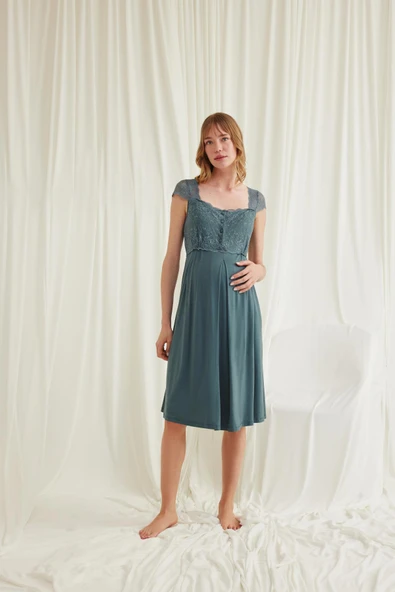 Dantelli Önü Düğmeli Hamile Lohusa Gecelik - Resim 2