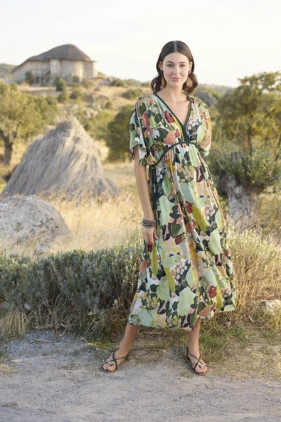 Çiçek ve Yaprak Desenli Kısa Kollu Elbise - Resim 2