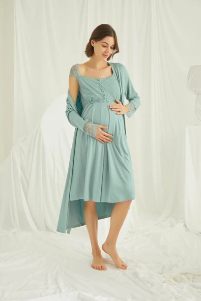 Dantelli Önü Düğmeli Hamile Lohusa Sabahlık Takımı - 2