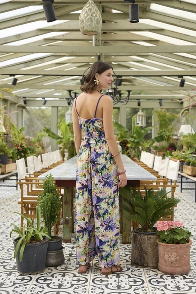 Çiçek ve Yaprak Desenli İp Askılı Tulum - 4