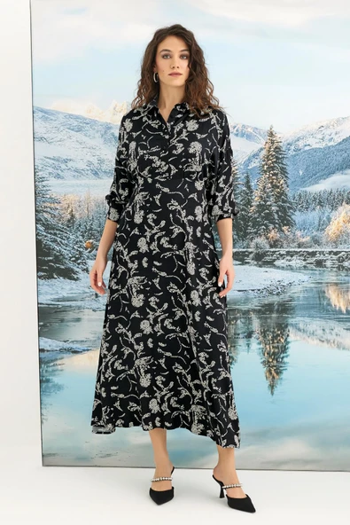 Desenli Truvakar Kollu Saten Elbise - Resim 5