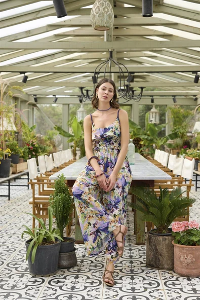 Çiçek ve Yaprak Desenli İp Askılı Tulum - 6