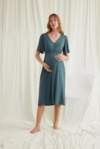 Dantelli Önü Düğmeli Hamile Lohusa Gecelik - Resim 4