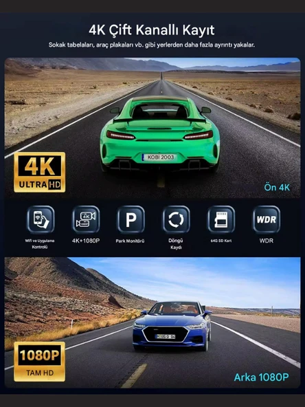 L308 WİFİ 4K Araç içi Güvenlik Kamerası + Park Modu Kablosu Çift Kamera Kayıt Cihazı GPS Gece Görüşü - 7