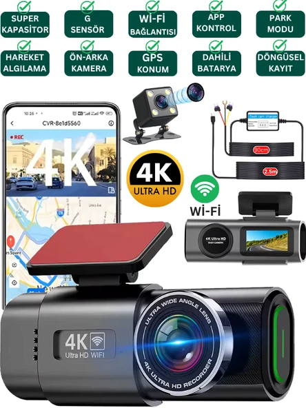 L308 WİFİ 4K Araç içi Güvenlik Kamerası + Park Modu Kablosu Çift Kamera Kayıt Cihazı GPS Gece Görüşü