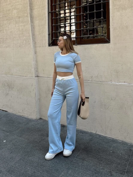 Crop pantolon biyeli takım mavi - 2