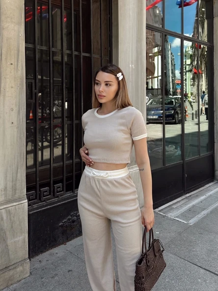 Crop pantolon biyeli takım bej - Resim 4