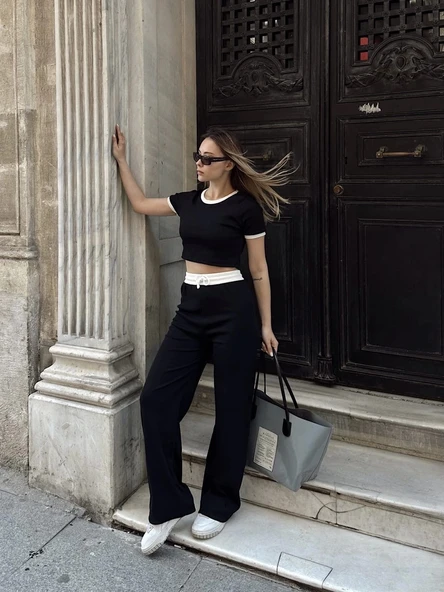 Crop pantolon biyeli takım siyah - 5