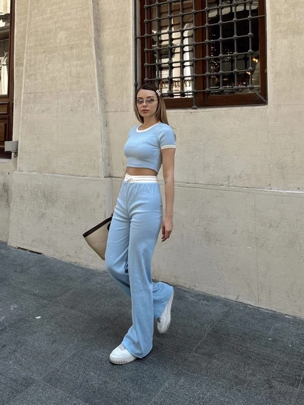 Crop pantolon biyeli takım mavi - 3