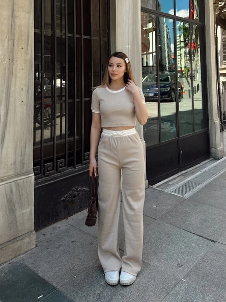 Crop pantolon biyeli takım bej ürün görseli