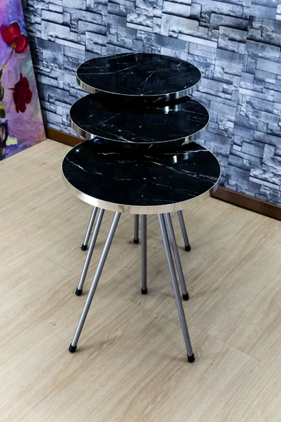 Zigon Sehpa 3'lü Gümüş Metal Ayak Gümüş Siyah Bendir 1069 ürün görseli 1