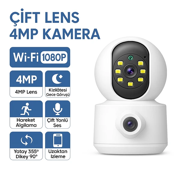 WiFi 4MP Çift Lens Güvenlik Kamerası  Gece Görüşlü, Hareket Algılamalı, İki Yönlü Sesli