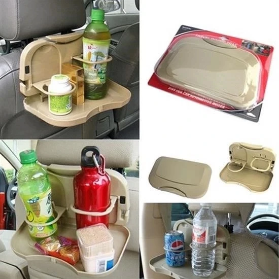 Araç İçi Koltuk Arkası Katlanabilir Bardak Tutuculu Bej Tepsi - 7