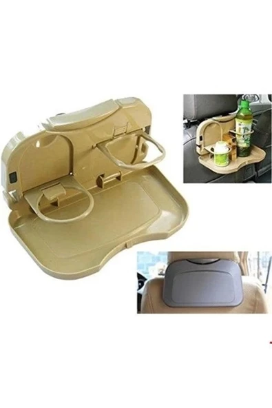 Araç İçi Koltuk Arkası Katlanabilir Bardak Tutuculu Bej Tepsi - 2