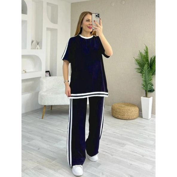 Lucky Life Kadın Kısa Kollu Bisiklet Yaka çift Renk şerit Detaylı Viskon Iki Iplik Bluz Ve Pantolon Ikili Takım - 2