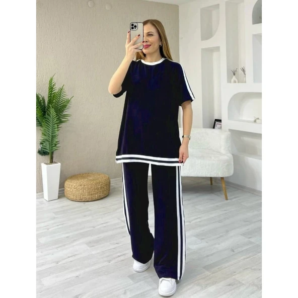 Lucky Life Kadın Kısa Kollu Bisiklet Yaka çift Renk şerit Detaylı Viskon Iki Iplik Bluz Ve Pantolon Ikili Takım - 3