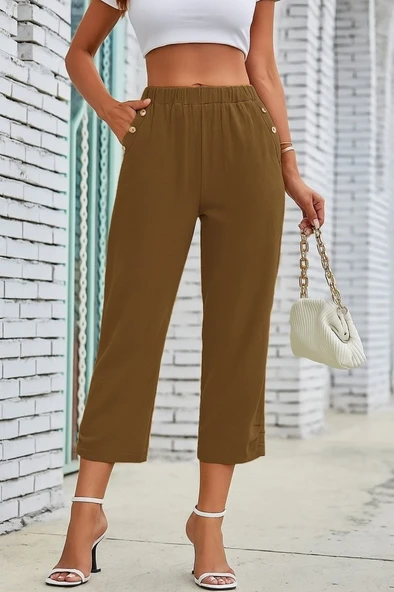 Lucky Life Kadın Beli Lastikli Düğme Ve Cep Detaylı Kapri Ithal Keten Pantolon - 4