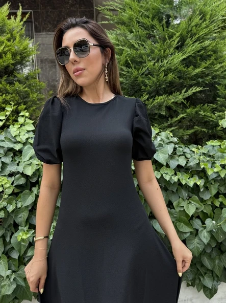 Lucky Life Kadın Kısa Balon Kollu Bisiklet Yaka Geniş Kesim Janjan Krep Elbise - Resim 3