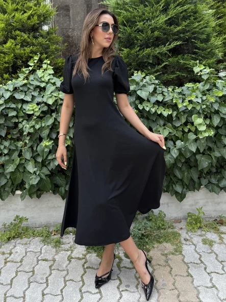 Lucky Life Kadın Kısa Balon Kollu Bisiklet Yaka Geniş Kesim Janjan Krep Elbise - Resim 2