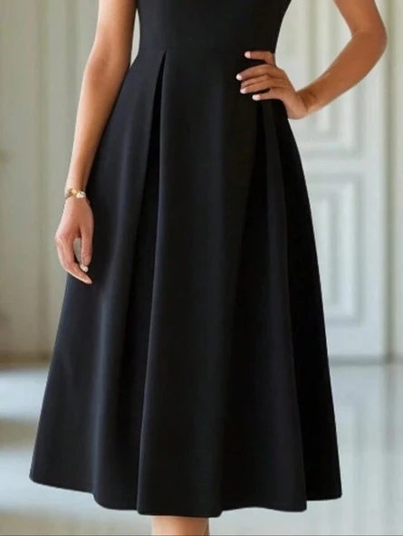 Lucky Life Kadın Kısa Kollu Yarı Balıkçı Yaka Pileli Janjan Krep Midi Elbise - Resim 4