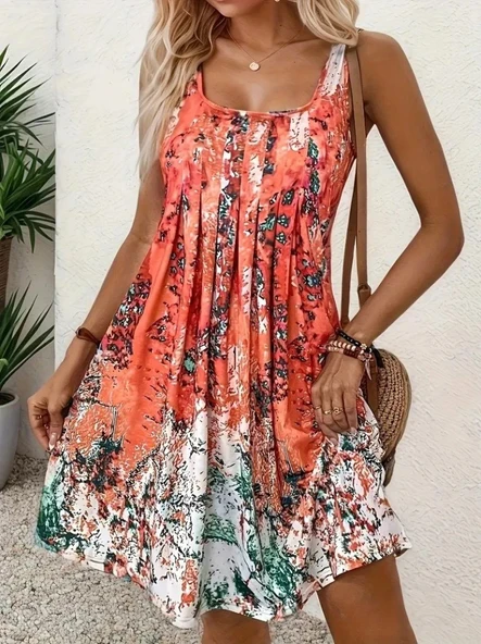 Lucky Life Kadın Sıfır Kollu Kare Yaka önden Pileli Salaş Süprem Elbise - Resim 3