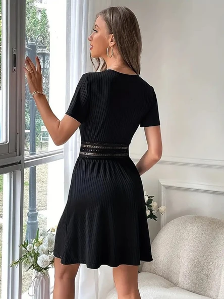 Lucky Life Kadın Kısa Kollu Kruvaze Yakalı Belden Dantelli Kaşkorse Elbise - Resim 5