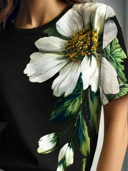 Lucky Life Kadın Kısa Kollu Bisiklet Yaka çiçek Baskılı Süprem Bluz ürün görseli 1