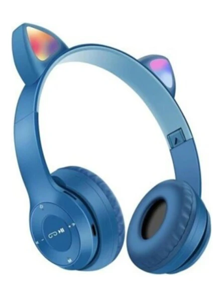 Kablosuz Bluetooth Kulaküstü Kedili Kulaklık Uyumlu P47m Rgb Işıklı Kedi Kulaklık MAVİ