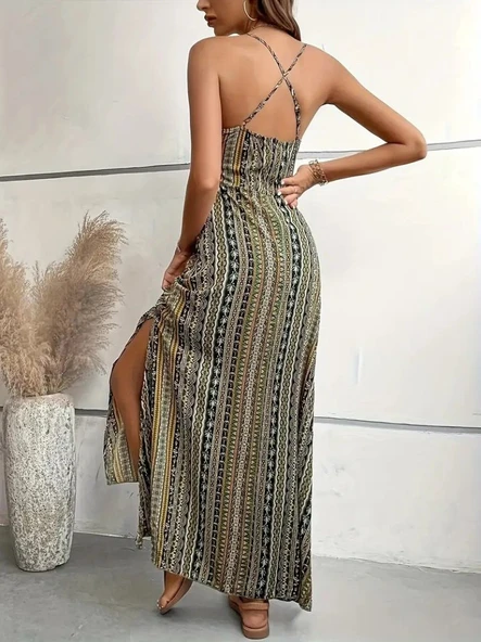 Lucky Life Kadın Ip Askılı Sırttan çapraz Detaylı Yırtmaçlı Desenli Süprem Elbise - Resim 4