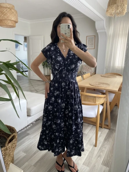 Lucky Life Kadın Kısa Kollu Kruvaze Yakalı Beli Lastikli çiçek Desenli Elbise ürün görseli 1