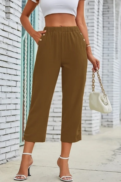 Lucky Life Kadın Beli Lastikli Düğme Ve Cep Detaylı Kapri Ithal Keten Pantolon - 2