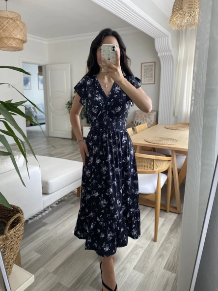 Lucky Life Kadın Kısa Kollu Kruvaze Yakalı Beli Lastikli çiçek Desenli Elbise - Resim 2