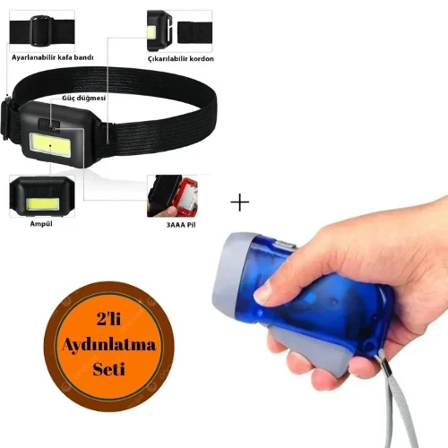 Kafa Bantlı Ayarlanabilir Led Işık +  Watton Wt-092 Elle Şarj Edilebilen Fener(Dinamolu)