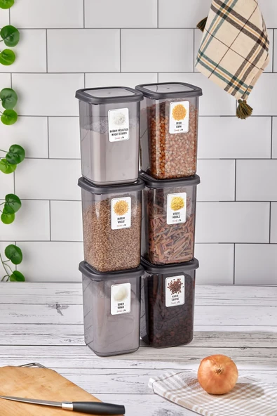 Buclee Emilia 6'lı 12 Parça Etiketli Kapaklı Kare Erzak Saklama Kabı Antrasit 6 X 1.2 Lt Bakliyat Kabı - 7
