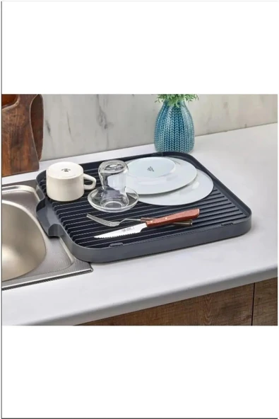 Buclee Su Kanallı Antrasit Tezgah Üstü Bulaşıklık - Tahliye Süzgeçli Tabak Bardak Düzenleyici