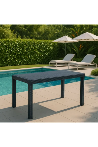 violet 6 Kişilik Antrasit Rattan Görünümlü Camlı Bahçe Masası 80x140 - 3