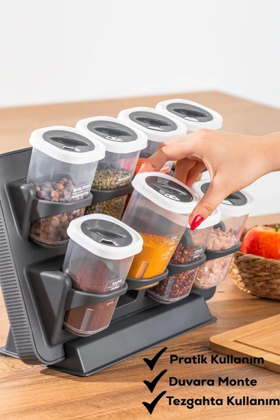 Buclee Henna 8li Etiketli Asmalı Kendinden Yapışkanlı Tezgah Üstü Standlı Döner Kapaklı Baharatlık Seti - Resim 2