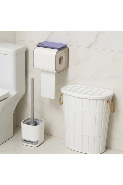 Buclee Lavena Dekoratif Banyo Seti | Tuvalet Fırçası, Kağıtlık ve Şık Sepet