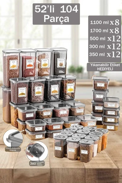 Buclee Via 52 Adet 104 Parça Kare Erzak Ve Bakliyat Saklama Kabı 12x(300ML 350 ML 500ML) 8x(1100ML 1700ML) ürün görseli 1
