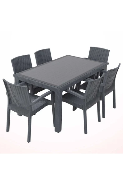 Violet Rattan 90x150cm 6lı Camlı Bahçe Mutfak Masa Takımı Antrasit