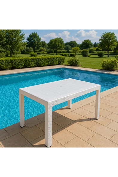 violet 6 Kişilik BEYAZ Rattan Görünümlü Camlı Bahçe Masası 90x150 - 3