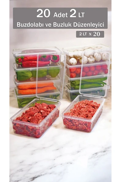 Buclee 2 Litre Buzdolabı Derin Dondurucu Saklama Kabı Seti 20 Adet Meyve Sebze Kuru Bakliyat  Sıvılar İçin ürün görseli 1